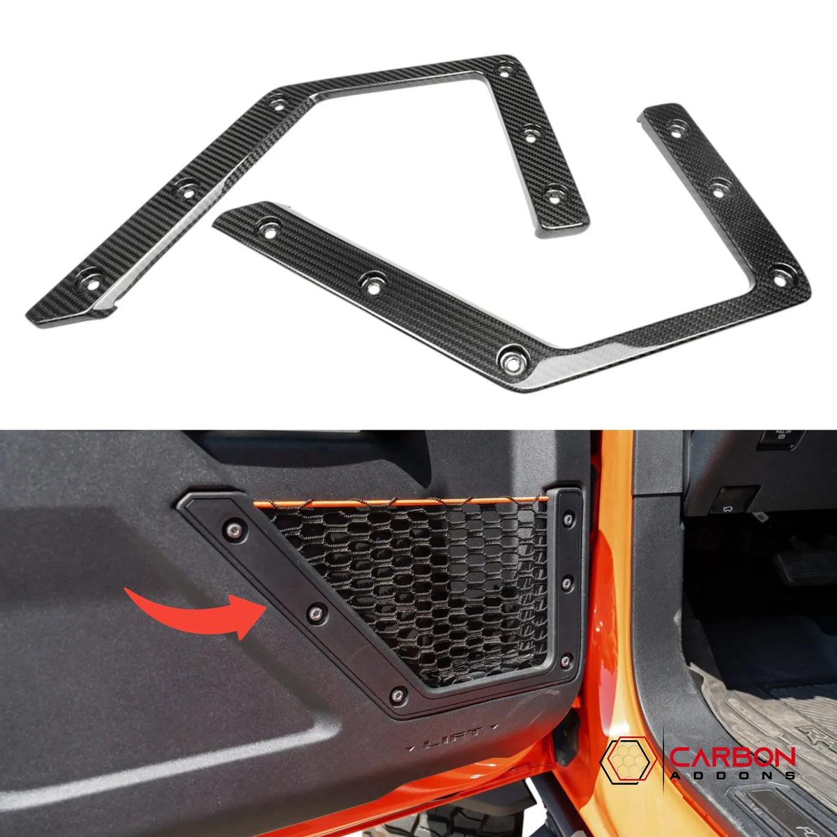 Real Carbon Fiber Front Door Storage Pocket Net Frame For 2021–2026 Ford Bronco | Direct Replacement