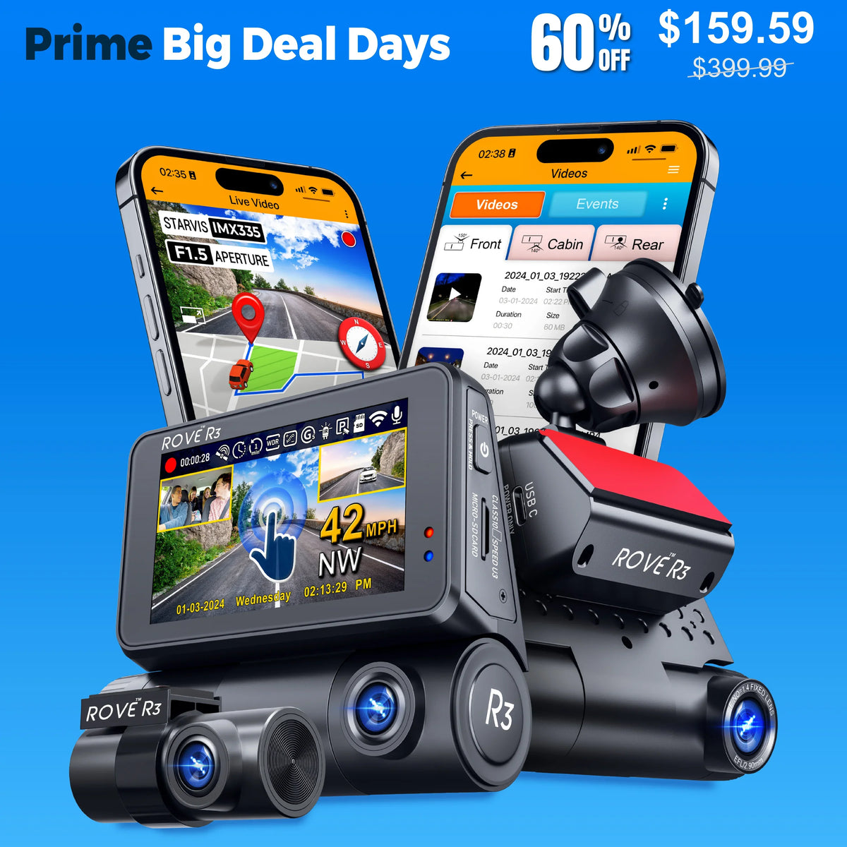 ROVE R3, 3 Channel Touch Screen Dash Cam with Built-in Dual-Band 5GHz WiFi, Built-in GPS, 24 Hr Parking Monitor, Super Capacitor, WDR, G-Sensor, Night Vision