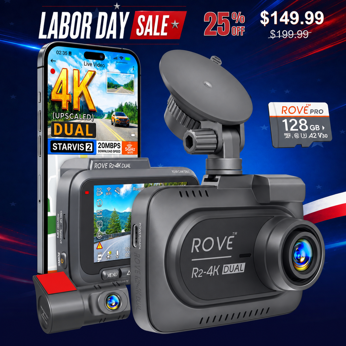 ROVE R2-4K DUAL Dash Cam Front and Rear, 4K Upscaled + 1080P, STARVIS 2 Sensor, FREE 128GB Card Included, 5.8GHz WiFi