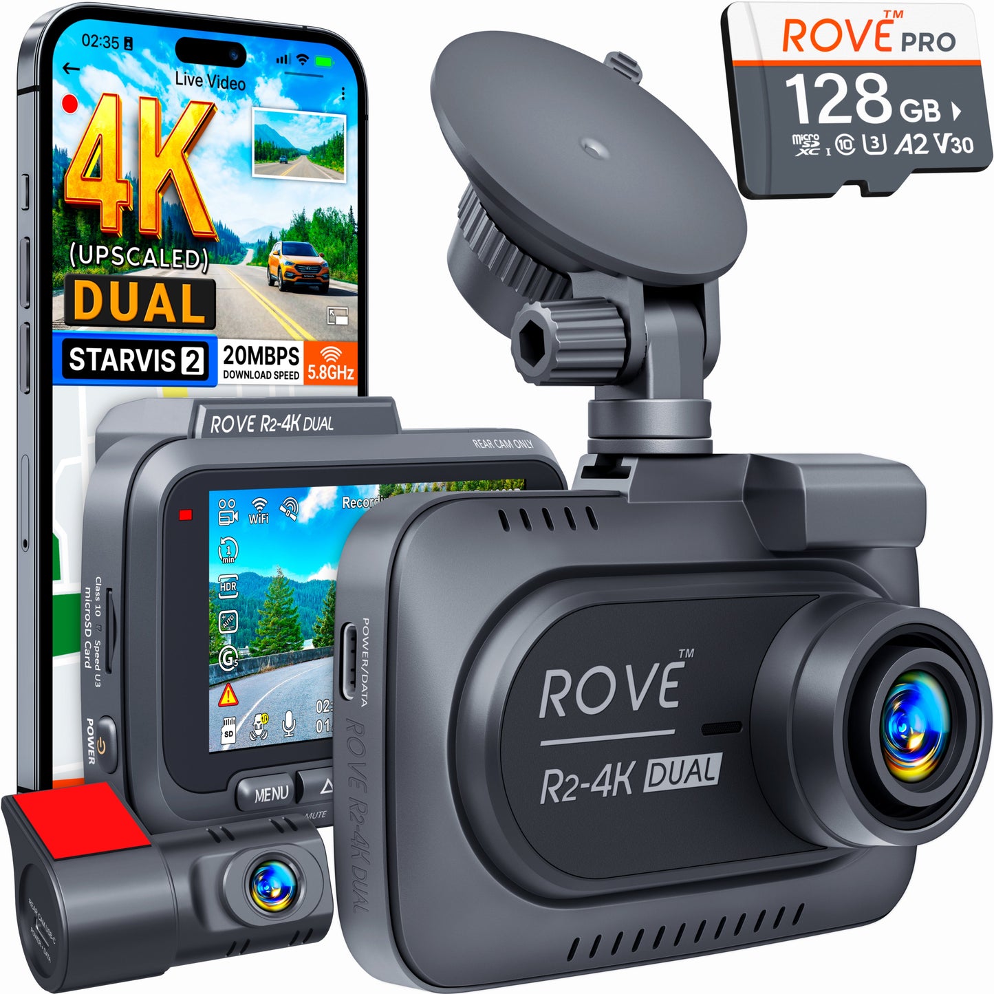 ROVE R2-4K DUAL Dash Cam Front and Rear, 4K Upscaled + 1080P, STARVIS 2 Sensor, FREE 128GB Card Included, 5.8GHz WiFi