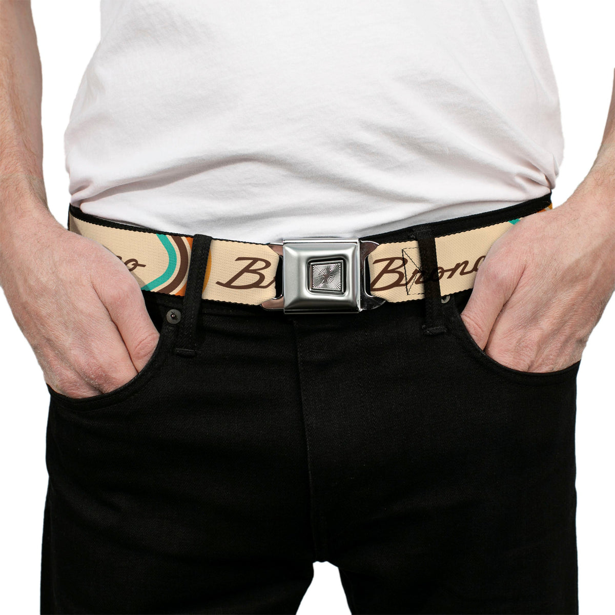 Starburst Seatbelt Belt - Ford BRONCO Script Beige/Brown/Blue/Orange Webbing