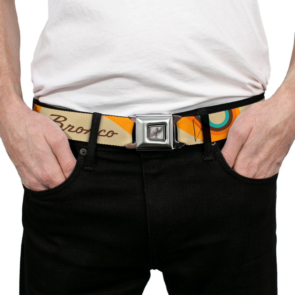 Starburst Seatbelt Belt - Ford BRONCO Script Wave Beige/Brown/Blue/Orange Webbing