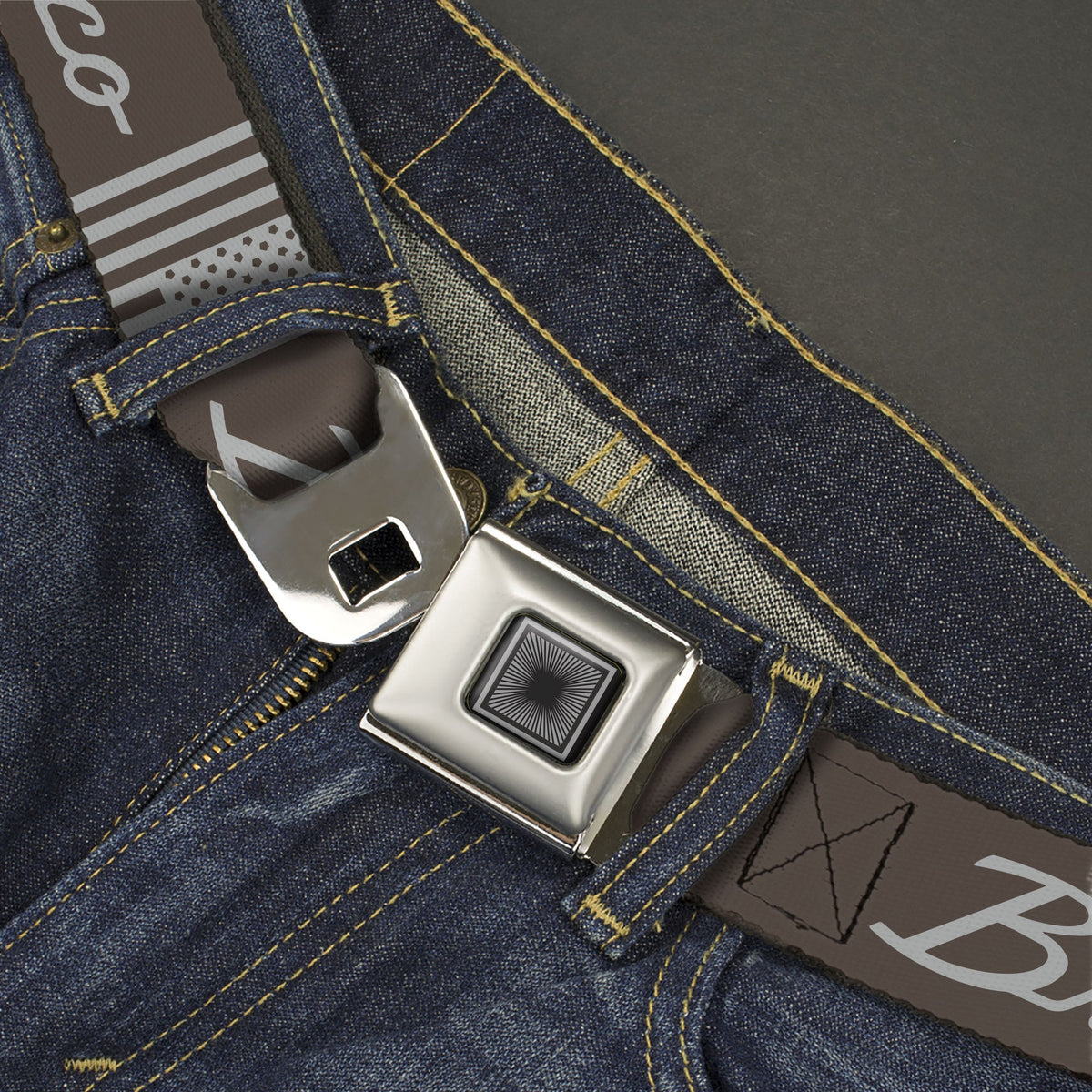Starburst Seatbelt Belt - Ford BRONCO Americana Stars and Stripes Black/Gray Webbing