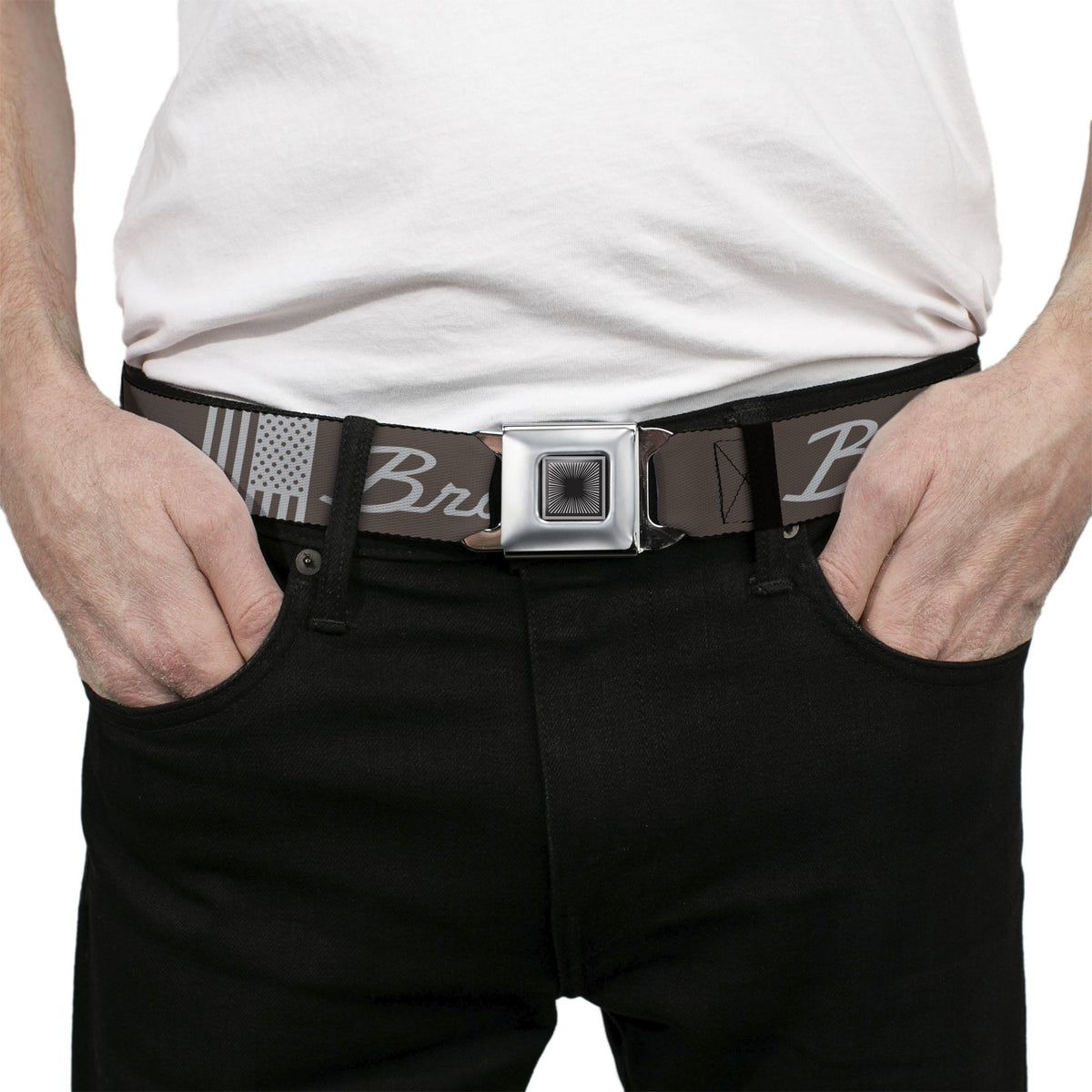 Starburst Seatbelt Belt - Ford BRONCO Americana Stars and Stripes Black/Gray Webbing
