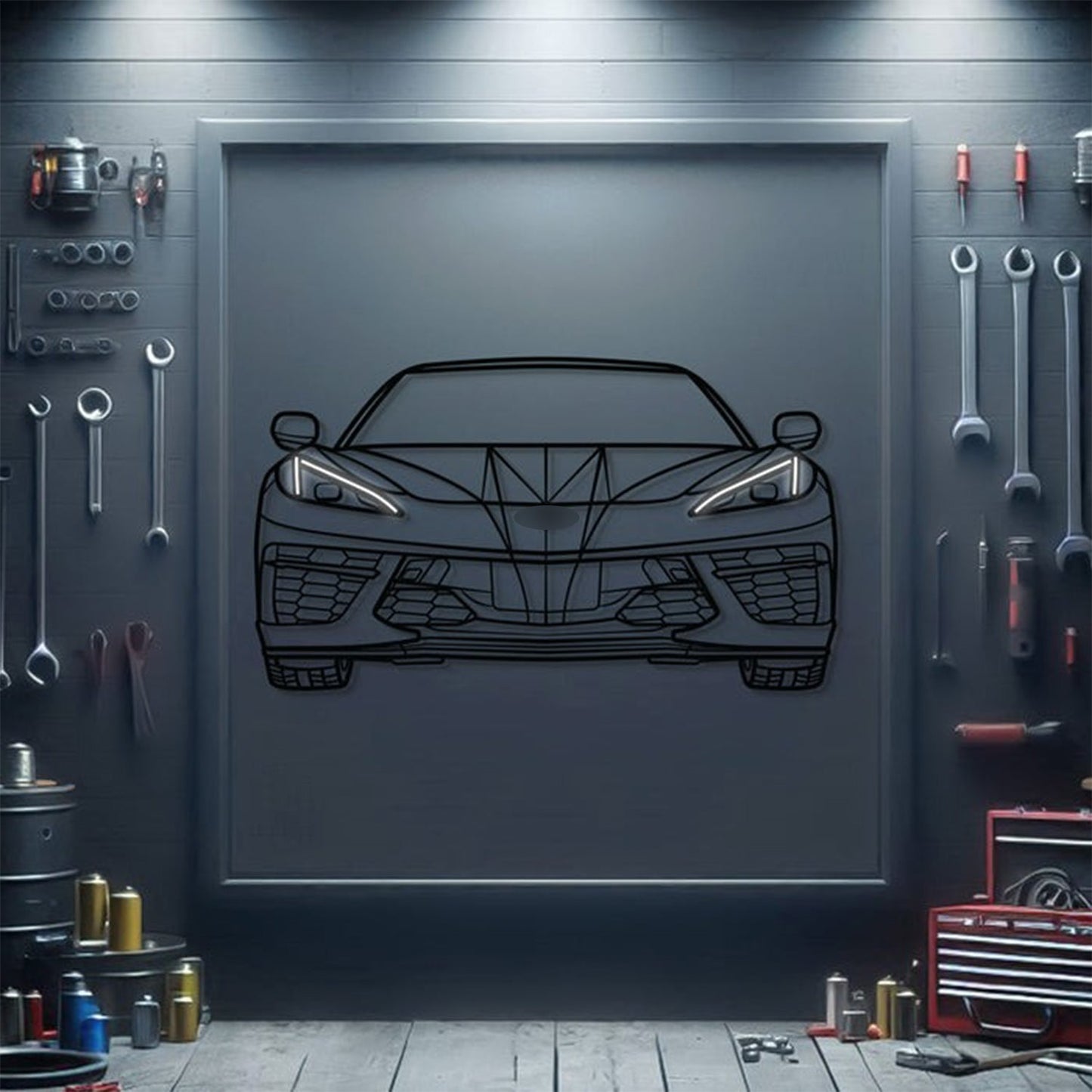 Corvette C8 Front View Metal Neon Car Wall Art - MTN0080 - Speedlogix
