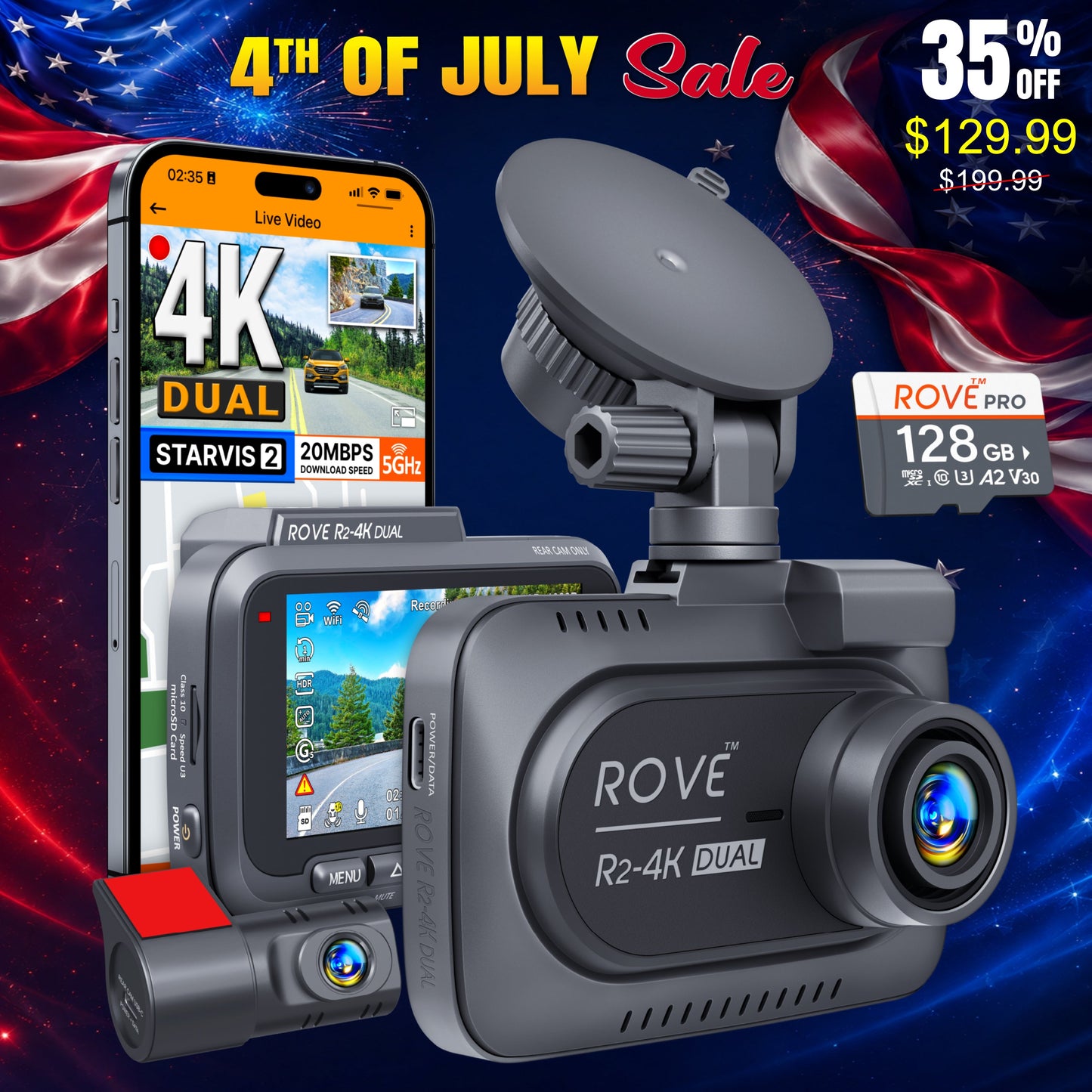 ROVE R2-4K DUAL Dash Cam Front and Rear, STARVIS 2 Sensor, FREE 128GB Card Included, 5G WiFi