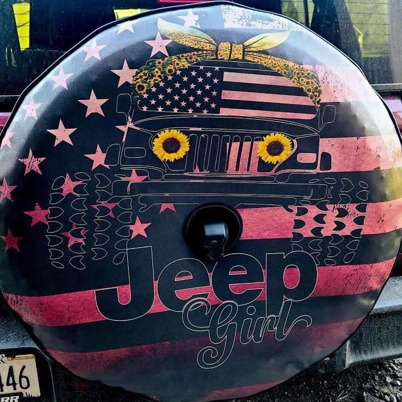 Ombre Pink Jeep Girl Sunflower & American Flag Bronco Spare Tire Cover - Speedlogix