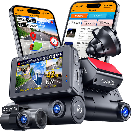 ROVE R3, 3 Channel Touch Screen Dash Cam with Built-in Dual-Band 5GHz WiFi, Built-in GPS, 24 Hr Parking Monitor, Super Capacitor, WDR, G-Sensor, Night Vision