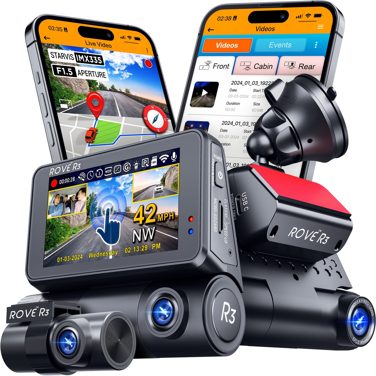 ROVE R3, 3 Channel Touch Screen Dash Cam with Built-in Dual-Band 5GHz WiFi, Built-in GPS, 24 Hr Parking Monitor, Super Capacitor, WDR, G-Sensor, Night Vision