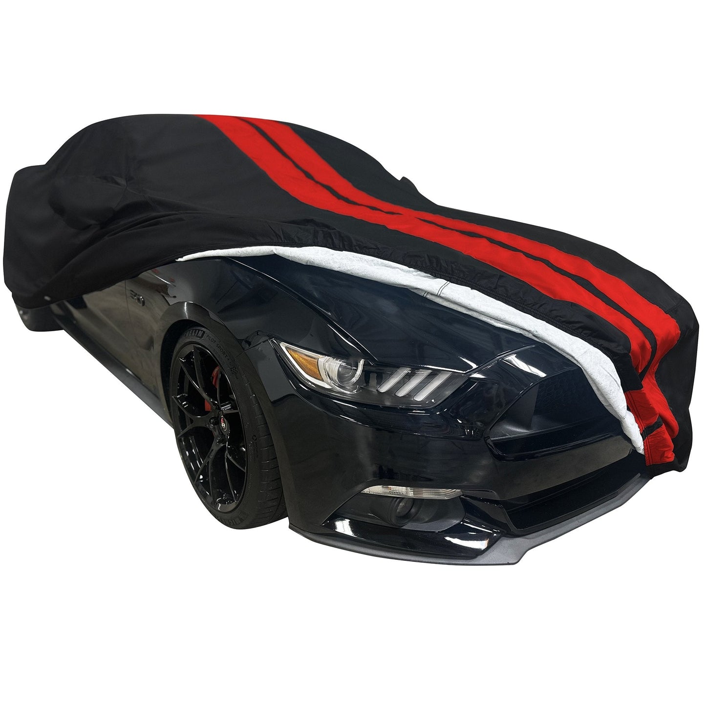 2005 - 2024 Ford Mustang Ultraguard Plus Car Cover - 300D Indoor/Outdoor Protection - Black with Red Stripes - Speedlogix