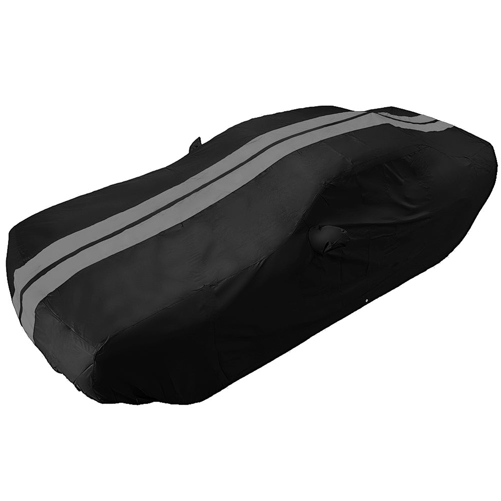 2008 - 2023 Dodge Challenger Ultraguard Plus Car Cover - 300D Indoor/Outdoor Protection - Black with Gray Stripes - Speedlogix