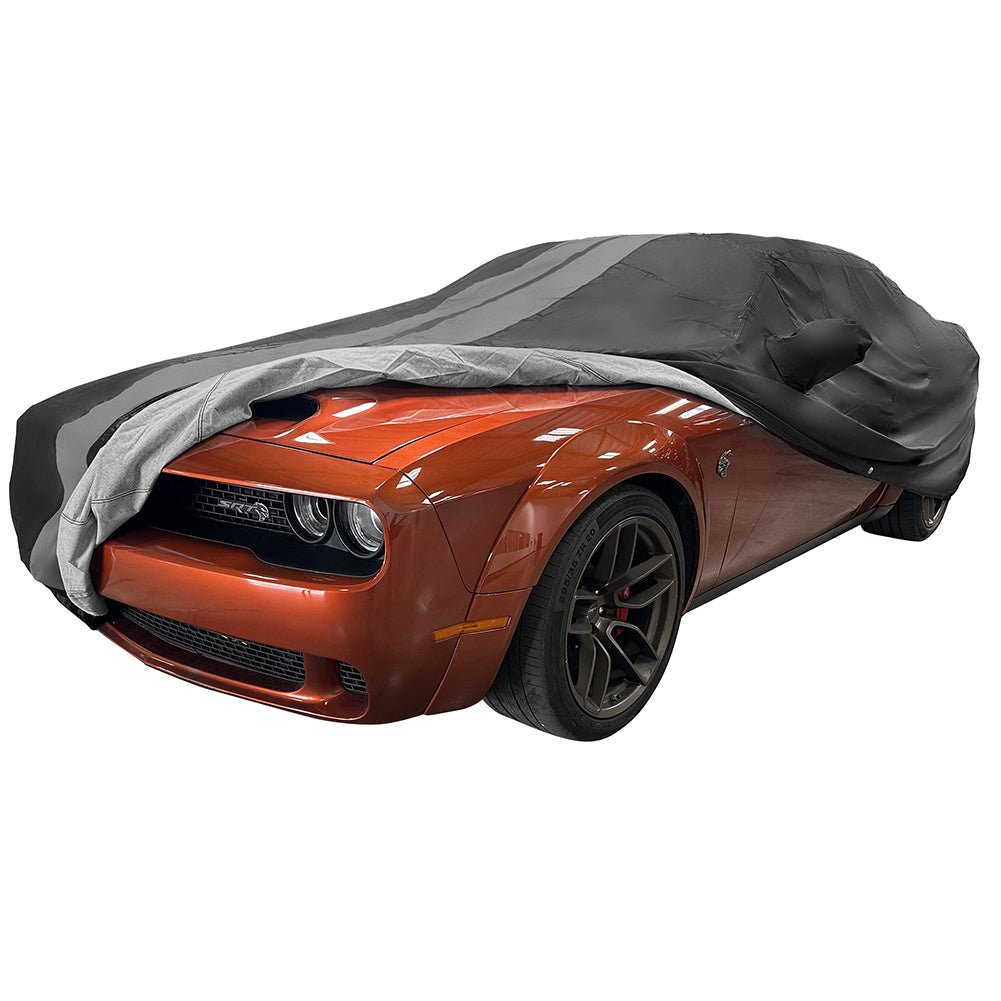 2008 - 2023 Dodge Challenger Ultraguard Plus Car Cover - 300D Indoor/Outdoor Protection - Black with Gray Stripes - Speedlogix