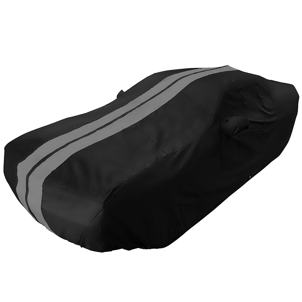 2008 - 2023 Dodge Challenger Ultraguard Plus Car Cover - 300D Indoor/Outdoor Protection - Black with Gray Stripes - Speedlogix