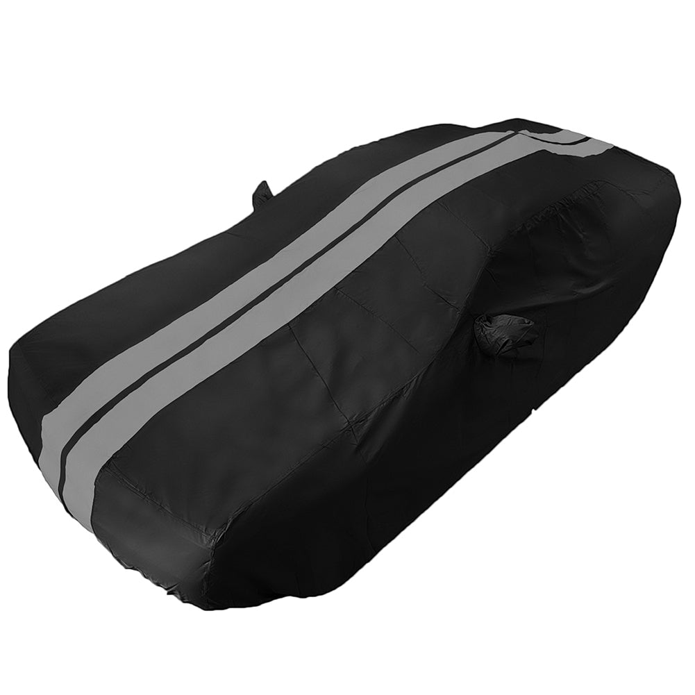2008 - 2023 Dodge Challenger Ultraguard Plus Car Cover - 300D Indoor/Outdoor Protection - Black with Gray Stripes - Speedlogix