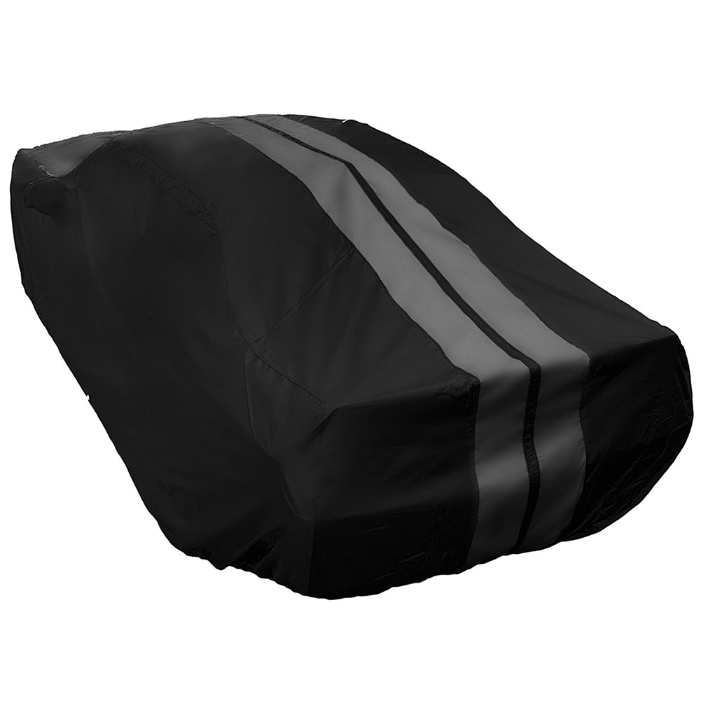 2008 - 2023 Dodge Challenger Ultraguard Plus Car Cover - 300D Indoor/Outdoor Protection - Black with Gray Stripes - Speedlogix