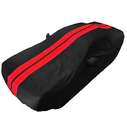 2008 - 2023 Dodge Challenger Ultraguard Plus Car Cover - 300D Indoor/Outdoor Protection - Black with Red Stripes - Speedlogix