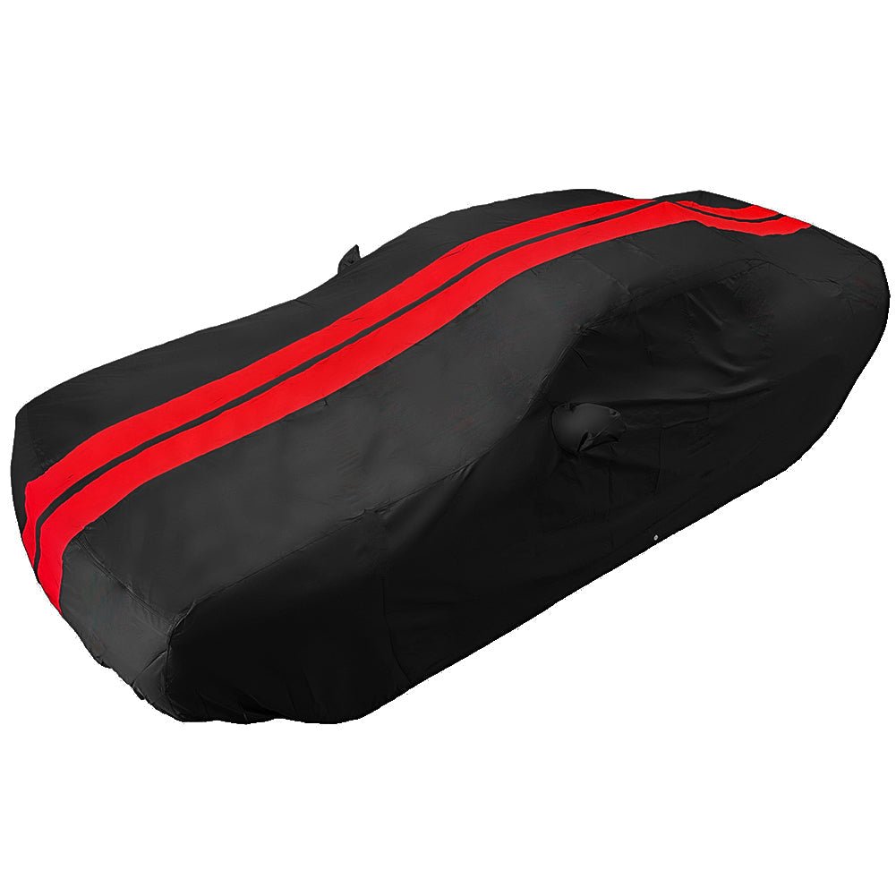 2008 - 2023 Dodge Challenger Ultraguard Plus Car Cover - 300D Indoor/Outdoor Protection - Black with Red Stripes - Speedlogix