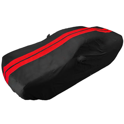 2008 - 2023 Dodge Challenger Ultraguard Plus Car Cover - 300D Indoor/Outdoor Protection - Black with Red Stripes - Speedlogix