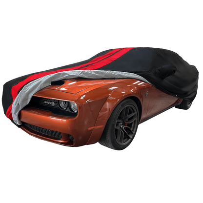 2008 - 2023 Dodge Challenger Ultraguard Plus Car Cover - 300D Indoor/Outdoor Protection - Black with Red Stripes - Speedlogix