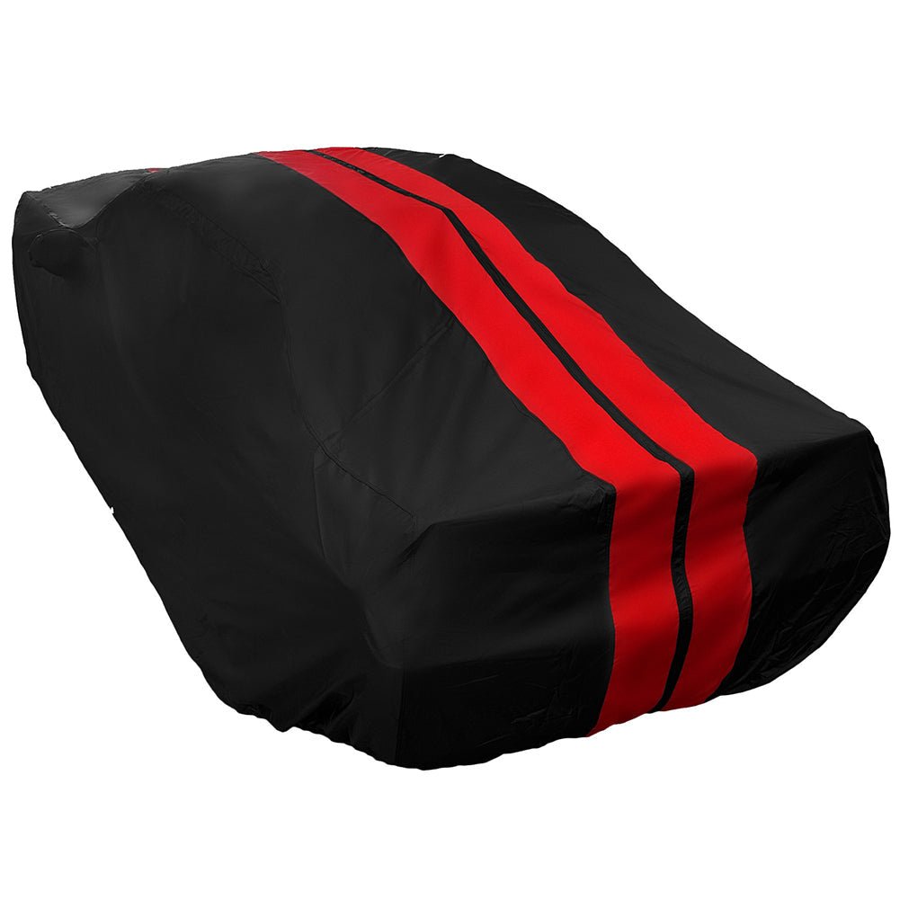 2008 - 2023 Dodge Challenger Ultraguard Plus Car Cover - 300D Indoor/Outdoor Protection - Black with Red Stripes - Speedlogix