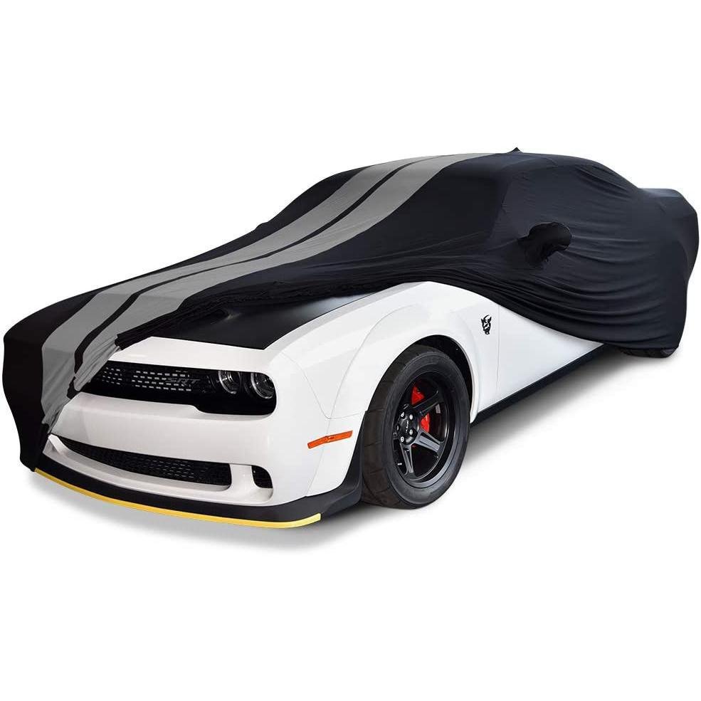 2008 - 2023 Dodge Challenger Ultraguard Stretch Satin Indoor Car Cover : Sport Series - Black with Gray Stripes - Speedlogix