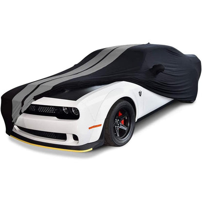 2008 - 2023 Dodge Challenger Ultraguard Stretch Satin Indoor Car Cover : Sport Series - Black with Gray Stripes - Speedlogix