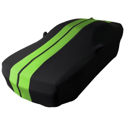 2008 - 2023 Dodge Challenger Ultraguard Stretch Satin Indoor Car Cover : Sport Series - Black with Green Stripes - Speedlogix