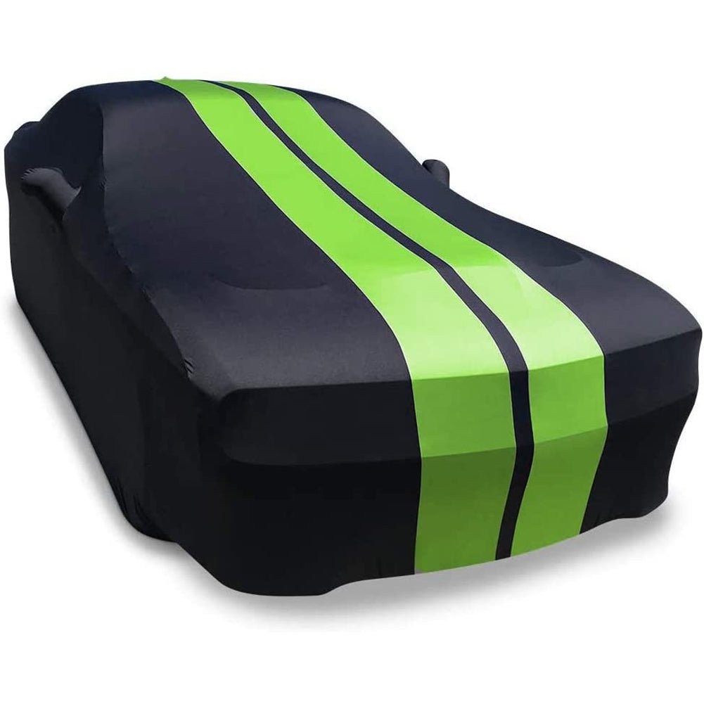 2008 - 2023 Dodge Challenger Ultraguard Stretch Satin Indoor Car Cover : Sport Series - Black with Green Stripes - Speedlogix