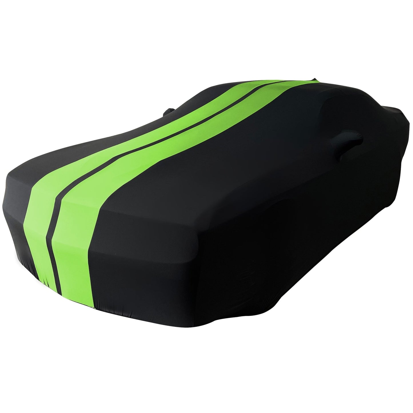 2008 - 2023 Dodge Challenger Ultraguard Stretch Satin Indoor Car Cover : Sport Series - Black with Green Stripes - Speedlogix