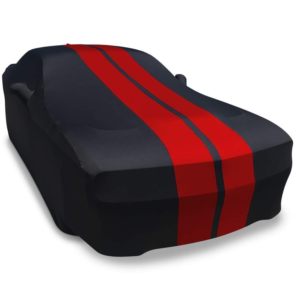2008 - 2023 Dodge Challenger Ultraguard Stretch Satin Indoor Car Cover : Sport Series - Black with Red Stripes - Speedlogix