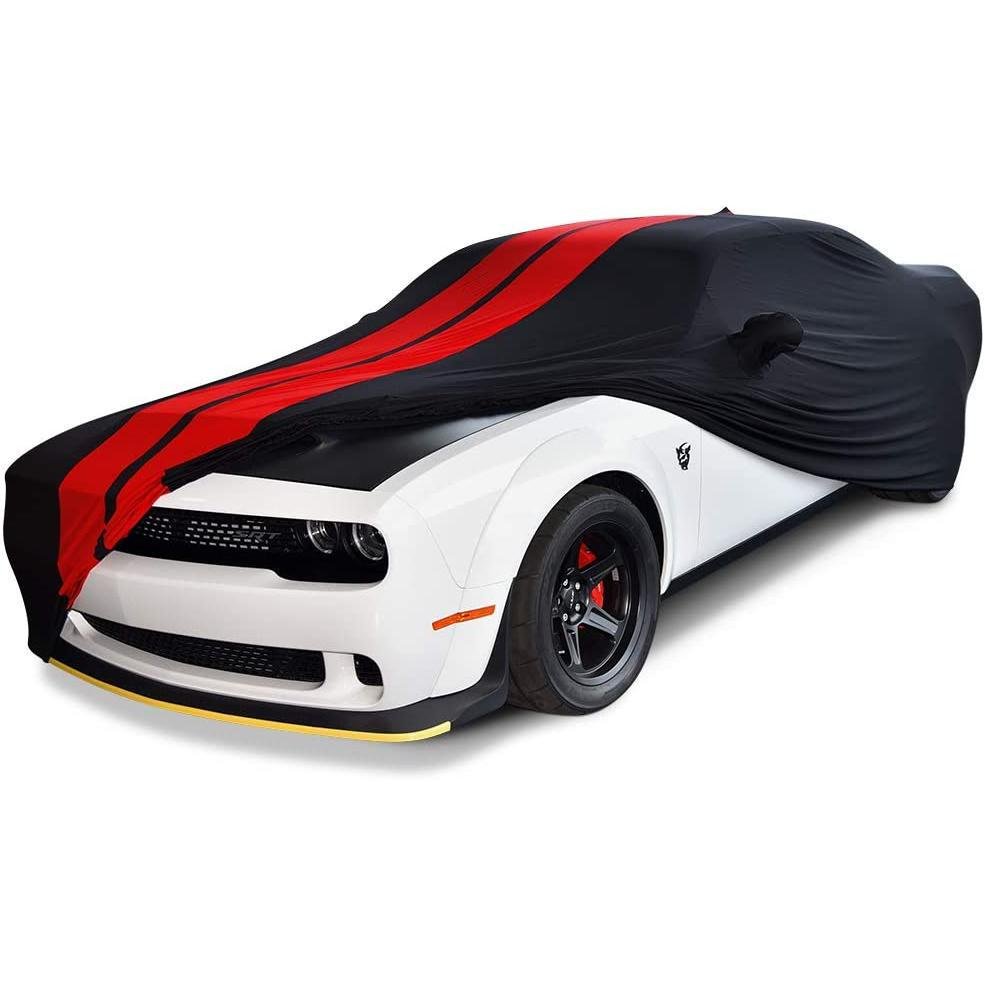 2008 - 2023 Dodge Challenger Ultraguard Stretch Satin Indoor Car Cover : Sport Series - Black with Red Stripes - Speedlogix