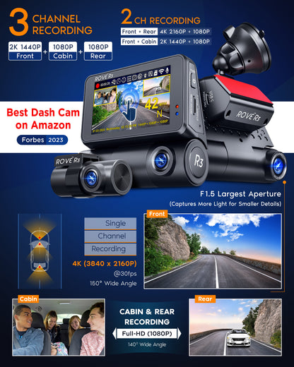 ROVE R3, 3 Channel Touch Screen Dash Cam with Built-in Dual-Band 5GHz WiFi, Built-in GPS, 24 Hr Parking Monitor, Super Capacitor, WDR, G-Sensor, Night Vision