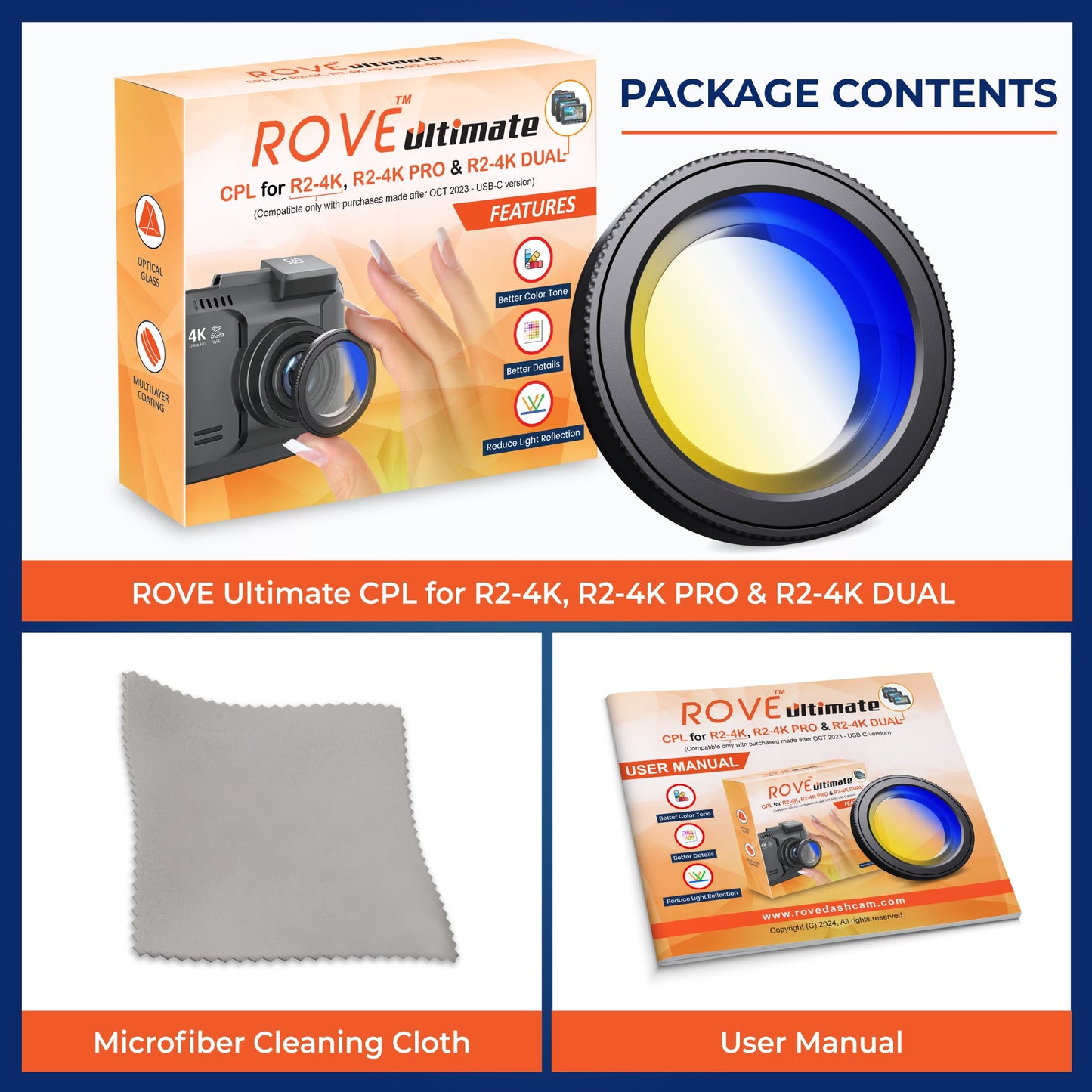 ROVE Ultimate CPL Filter for ROVE R2-4K PRO, R2-4K DUAL and R2-4K (with USB-C Port) Dash Cam Models