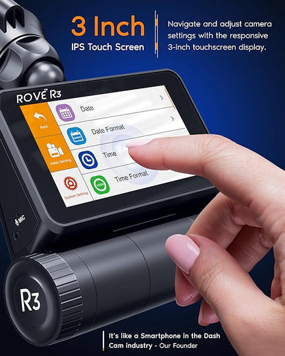 ROVE R3, 3 Channel Touch Screen Dash Cam with Built-in Dual-Band 5GHz WiFi, Built-in GPS, 24 Hr Parking Monitor, Super Capacitor, WDR, G-Sensor, Night Vision