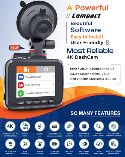 ROVE R2-4K Dash Cam 4K Ultra HD 2160P Car Dashboard Camera Built In Wi-Fi 6 & GPS