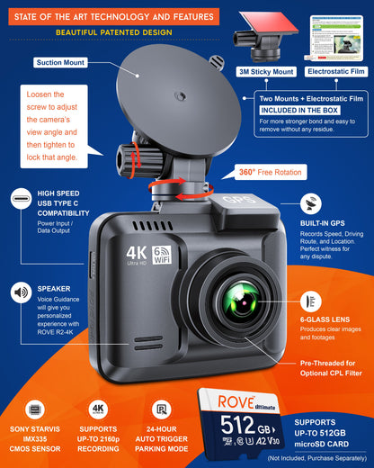 ROVE R2-4K Dash Cam 4K Ultra HD 2160P Car Dashboard Camera Built In Wi-Fi 6 & GPS