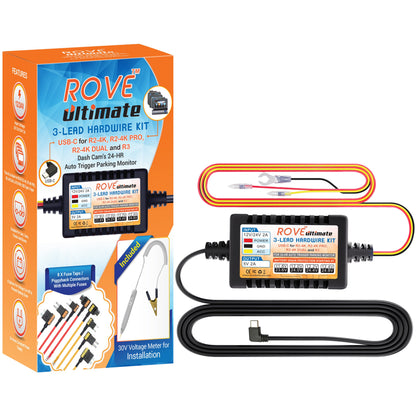 ROVE Ultimate 3-Lead USB Type-C Hardwire Kit | for ROVE R2, R2 PRO, R2 DUAL, R2 DUAL PRO, and R3 Dash Cam | Check Compatibility Image Before Purchasing