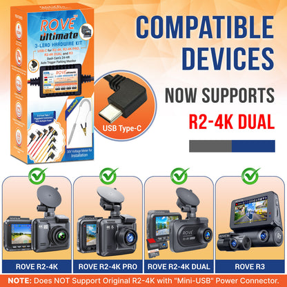 ROVE Ultimate 3-Lead USB Type-C Hardwire Kit | for ROVE R2, R2 PRO, R2 DUAL, R2 DUAL PRO, and R3 Dash Cam | Check Compatibility Image Before Purchasing
