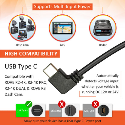 ROVE Ultimate 3-Lead USB Type-C Hardwire Kit | for ROVE R2, R2 PRO, R2 DUAL, R2 DUAL PRO, and R3 Dash Cam | Check Compatibility Image Before Purchasing