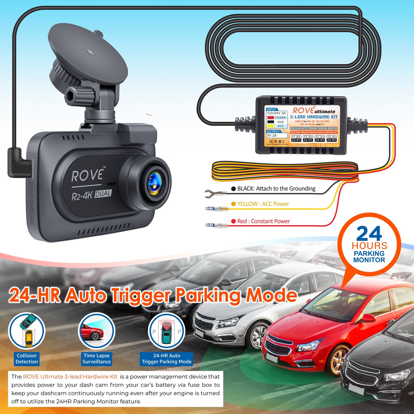 ROVE Ultimate 3-Lead USB Type-C Hardwire Kit | for ROVE R2, R2 PRO, R2 DUAL, R2 DUAL PRO, and R3 Dash Cam | Check Compatibility Image Before Purchasing