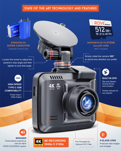ROVE R2-4K PRO Dash Cam, Built-in GPS, 5G WiFi Dash Camera for Cars, 2160P UHD 30fps Dashcam with APP, 2.4" IPS Screen, Night Vision, WDR, 150° Wide Angle, 24-Hr Parking Mode, Supports 512GB Max