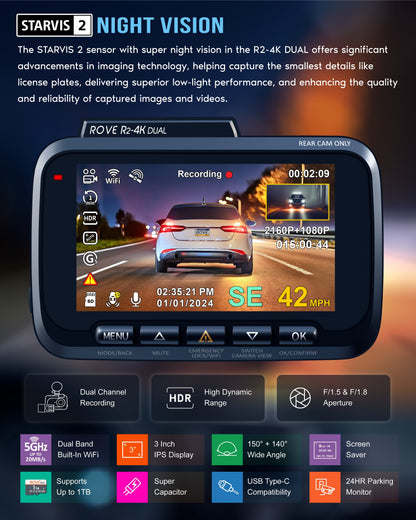 ROVE R2-4K DUAL Dash Cam Front and Rear, STARVIS 2 Sensor, FREE 128GB Card Included, 5G WiFi