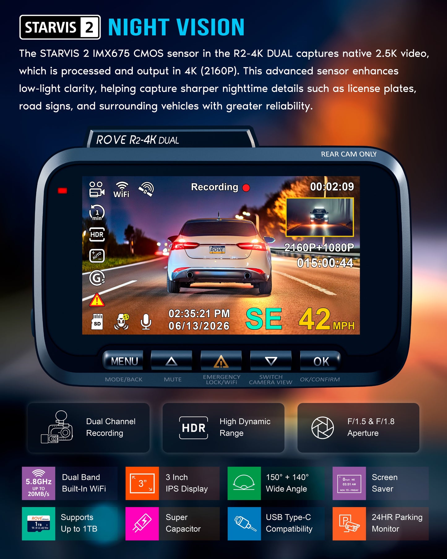 ROVE R2-4K DUAL Dash Cam Front and Rear, 4K Upscaled + 1080P,  STARVIS 2 Sensor, FREE 128GB Card Included, 5.8GHz WiFi