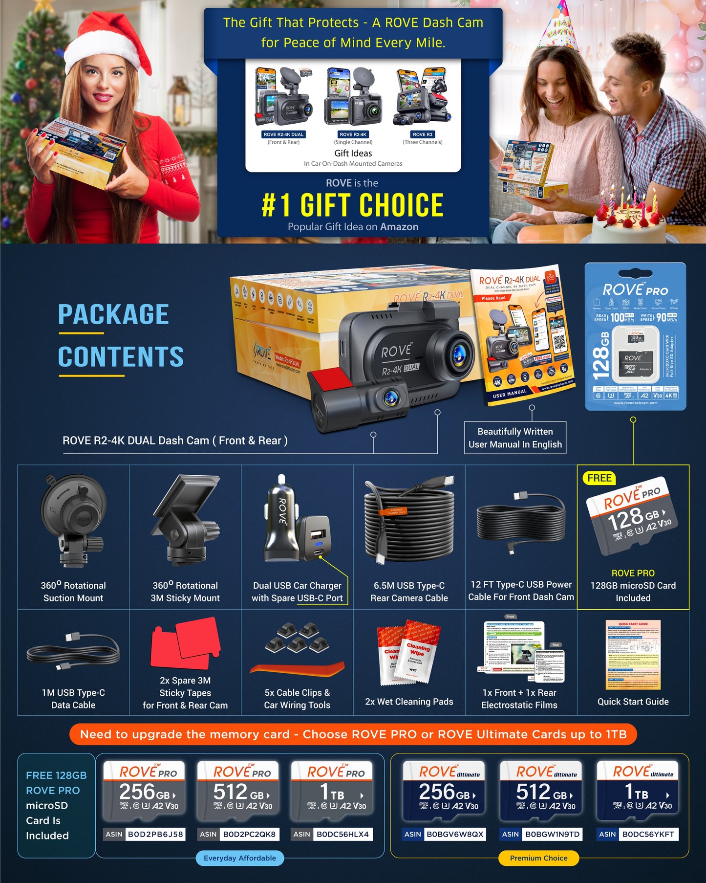ROVE R2-4K DUAL Dash Cam Front and Rear, STARVIS 2 Sensor, FREE 128GB Card Included, 5G WiFi