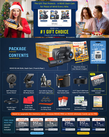 ROVE R2-4K DUAL Dash Cam Front and Rear, STARVIS 2 Sensor, FREE 128GB Card Included, 5G WiFi