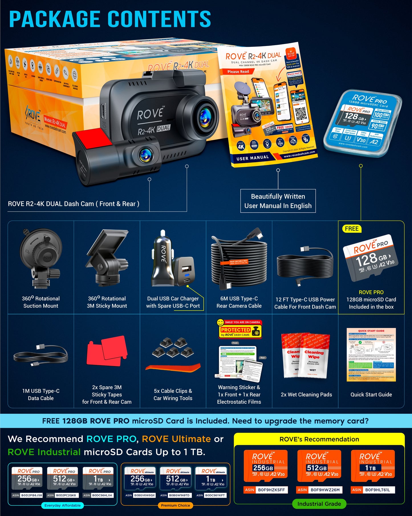 ROVE R2-4K DUAL Dash Cam Front and Rear, 4K Upscaled + 1080P,  STARVIS 2 Sensor, FREE 128GB Card Included, 5.8GHz WiFi