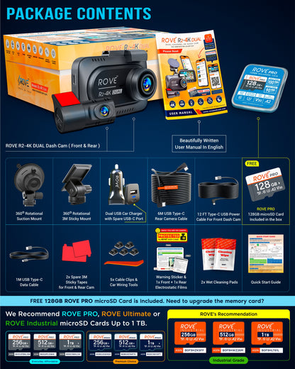 ROVE R2-4K DUAL Dash Cam Front and Rear, 4K Upscaled + 1080P,  STARVIS 2 Sensor, FREE 128GB Card Included, 5.8GHz WiFi