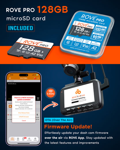 ROVE R2-4K DUAL Dash Cam Front and Rear, 4K Upscaled + 1080P,  STARVIS 2 Sensor, FREE 128GB Card Included, 5.8GHz WiFi
