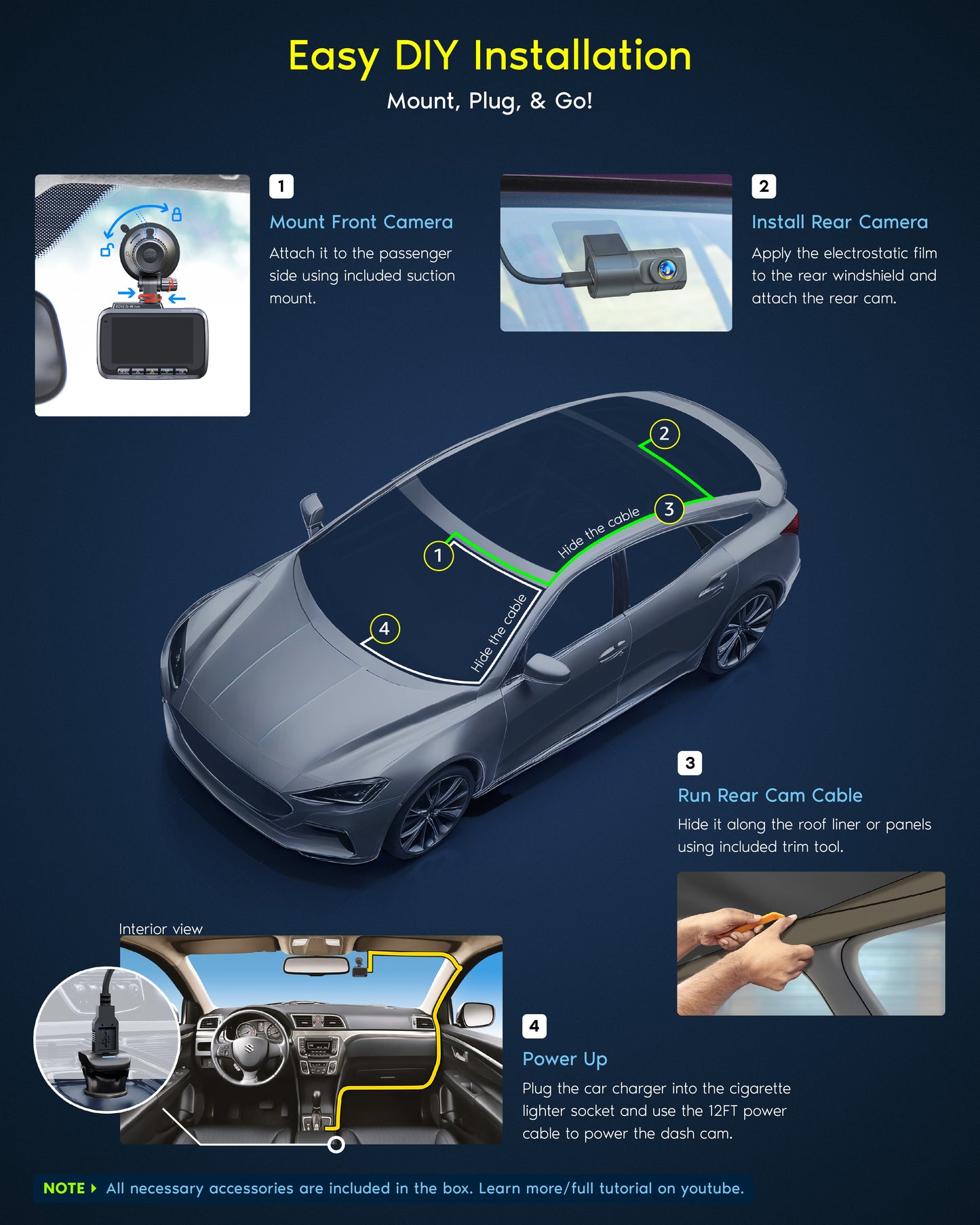 ROVE R2-4K DUAL Dash Cam Front and Rear, STARVIS 2 Sensor, FREE 128GB Card Included, 5G WiFi