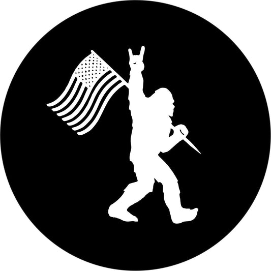 Rock On Bigfoot Sasquatch American Flag Bronco Spare Tire Cover